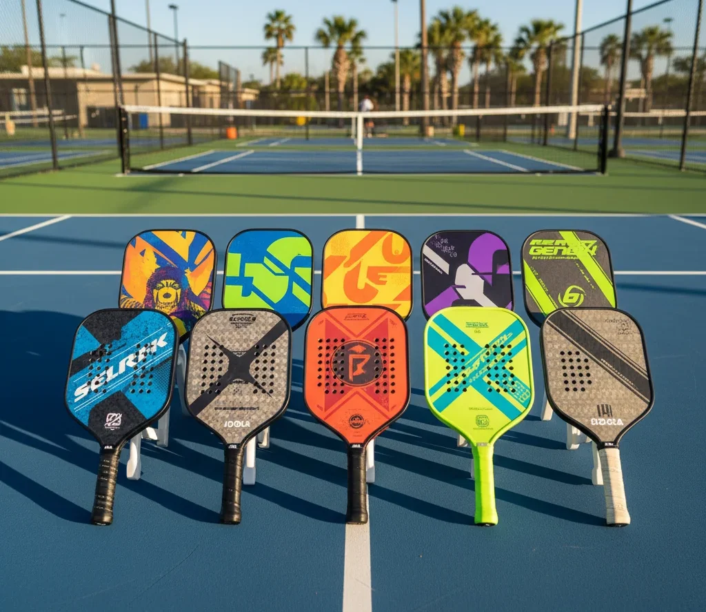 Different Pickleball Paddles in the courts area where court is in Blue