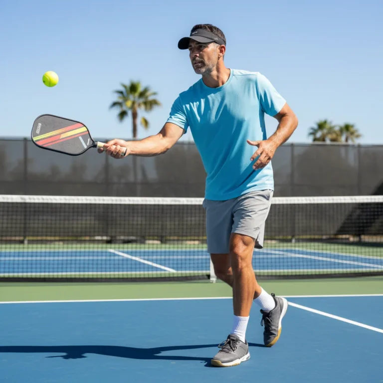 A realistic photo of an adult pickleball player on a US outdoor court holding a paddle and preparing to serve